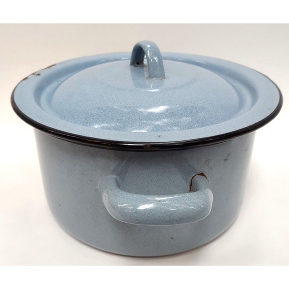 Enamel Ware Pot Light Blue 7 Inches Wide 4 Inches High 7 Inches Diameter Vintage - Picture 1 of 6